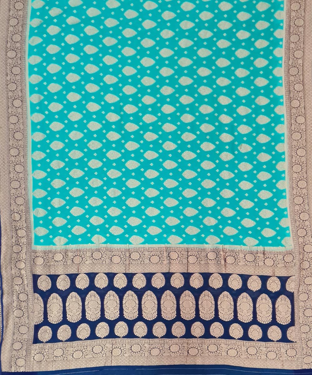 Turquoise blue handwoven cotton silk banarasi saree