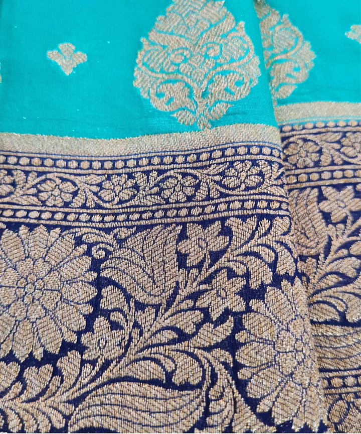 Turquoise blue handwoven cotton silk banarasi saree