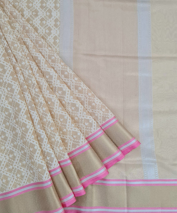 Beige handwoven cotton silk banarasi saree with zari