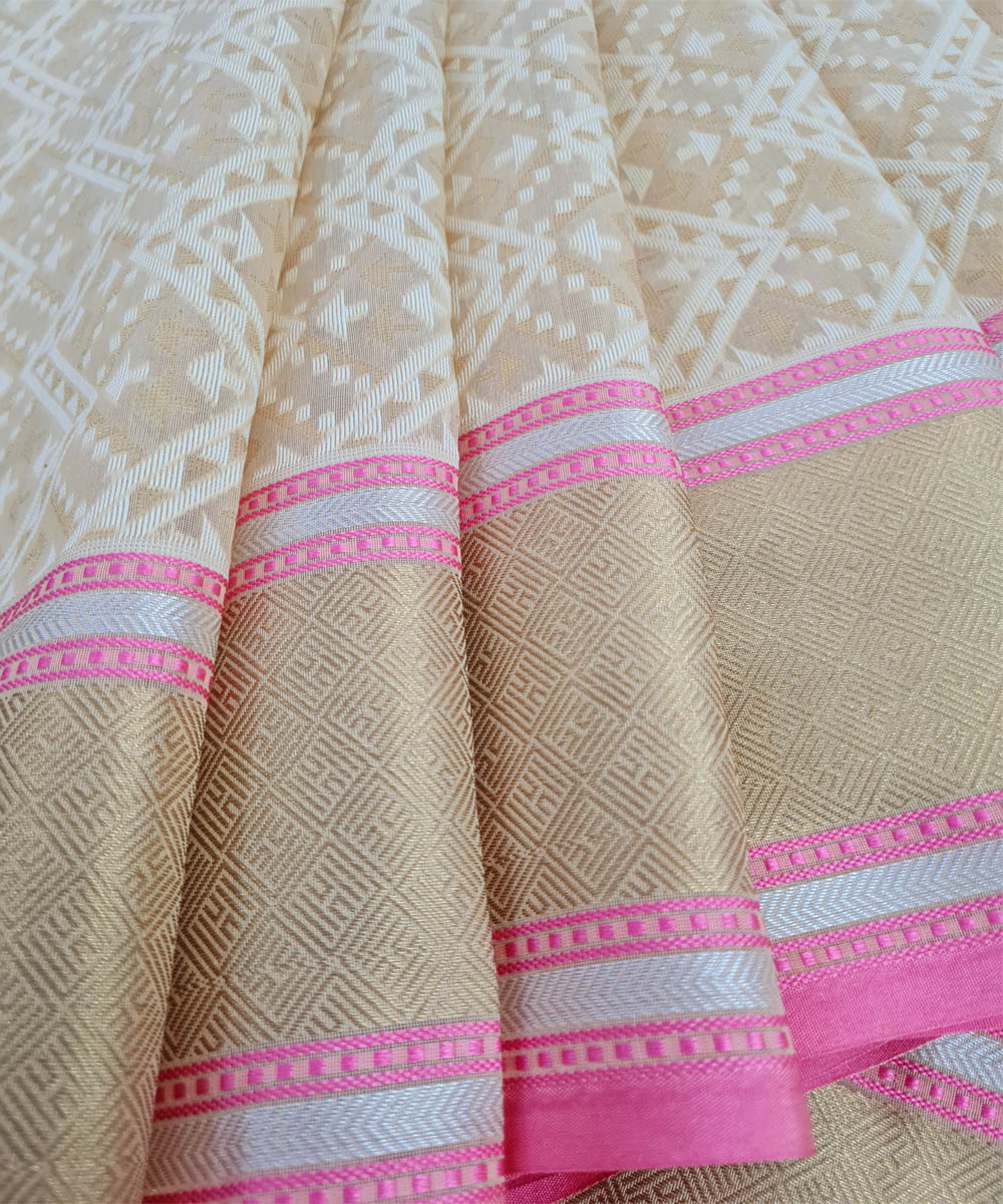 Beige handwoven cotton silk banarasi saree with zari