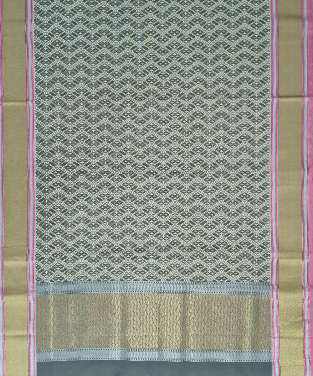 Stone grey handwoven cotton silk banarasi saree with zari