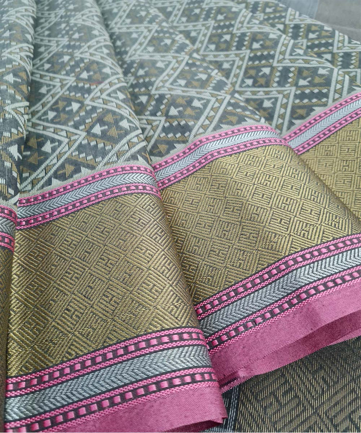Stone grey handwoven cotton silk banarasi saree with zari