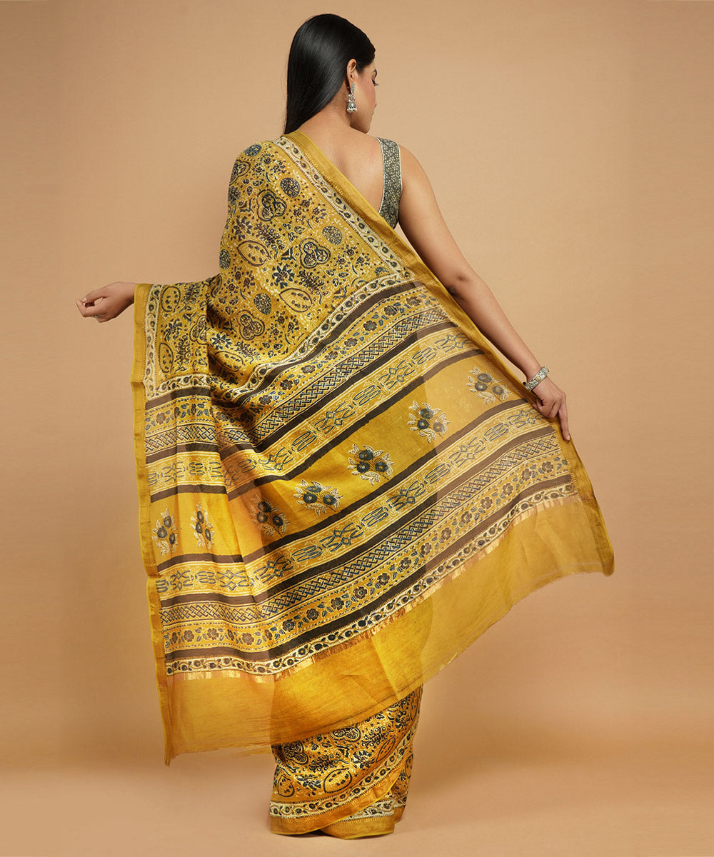 Mustard cotton silk handblock dabu print sari