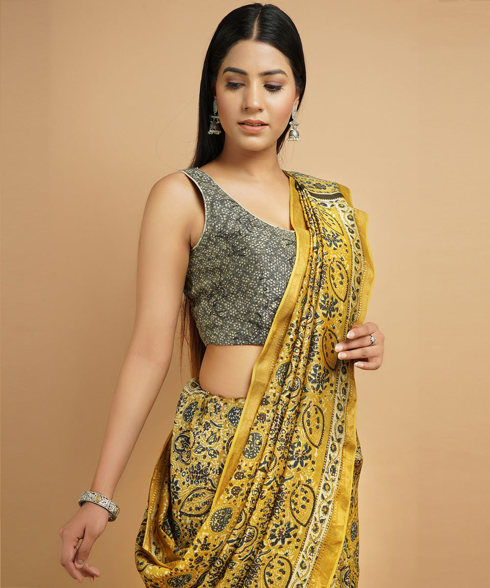 Mustard cotton silk handblock dabu print sari