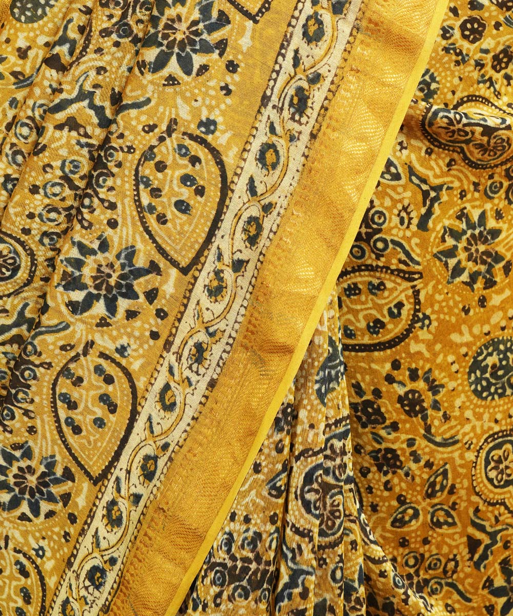 Mustard cotton silk handblock dabu print sari
