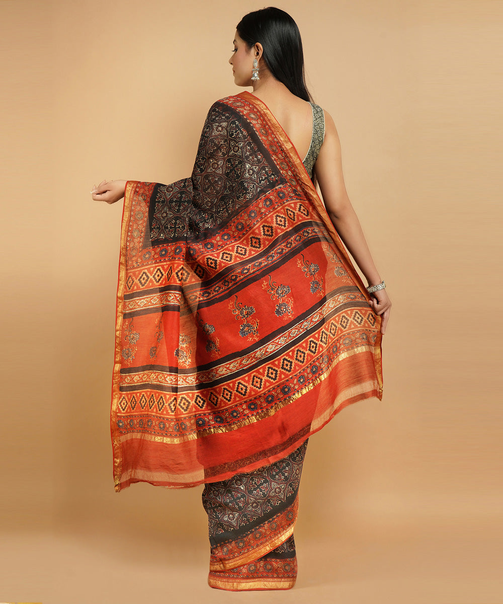 Black cotton silk handblock print ajrakh sari
