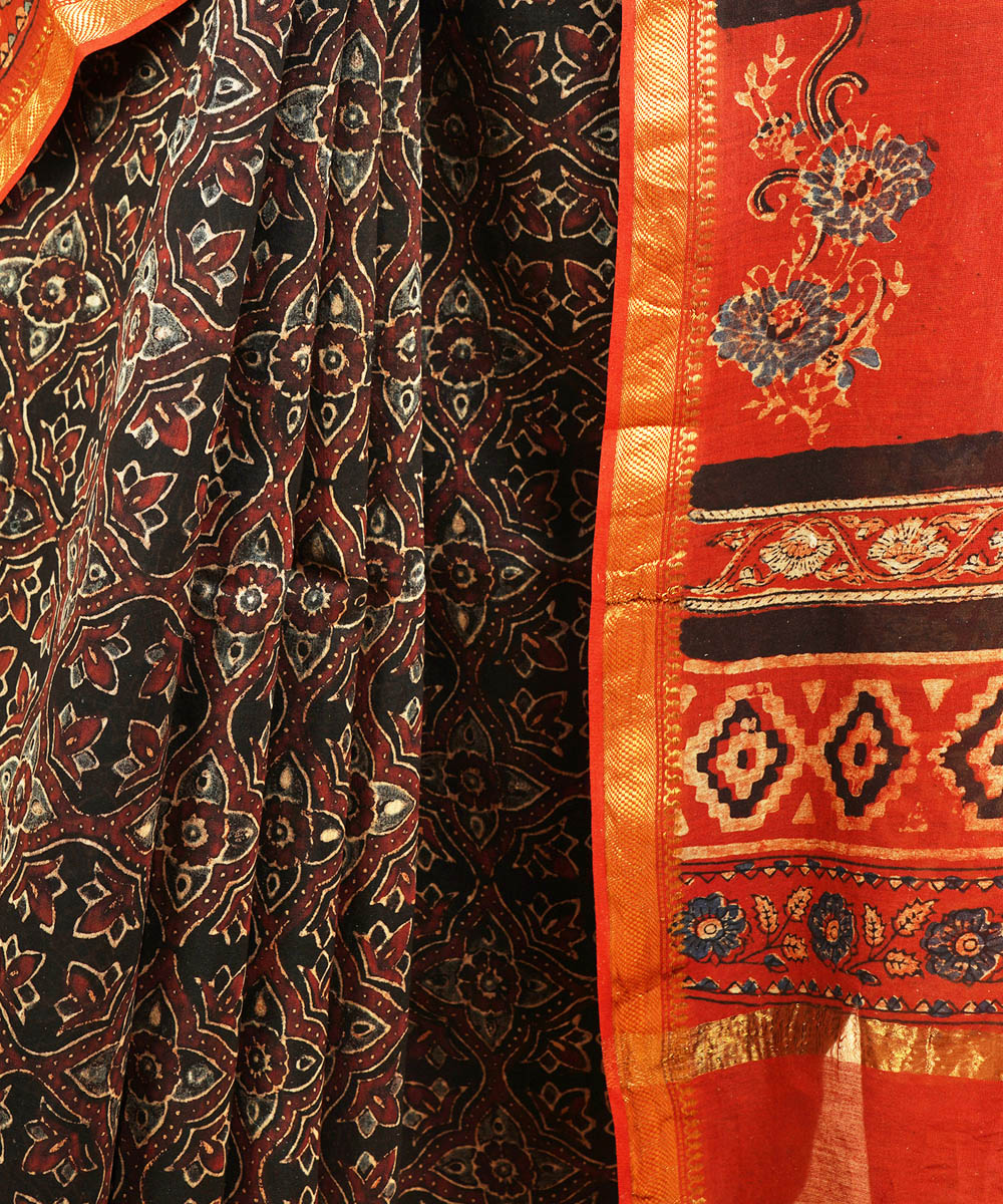 Black cotton silk handblock print ajrakh sari