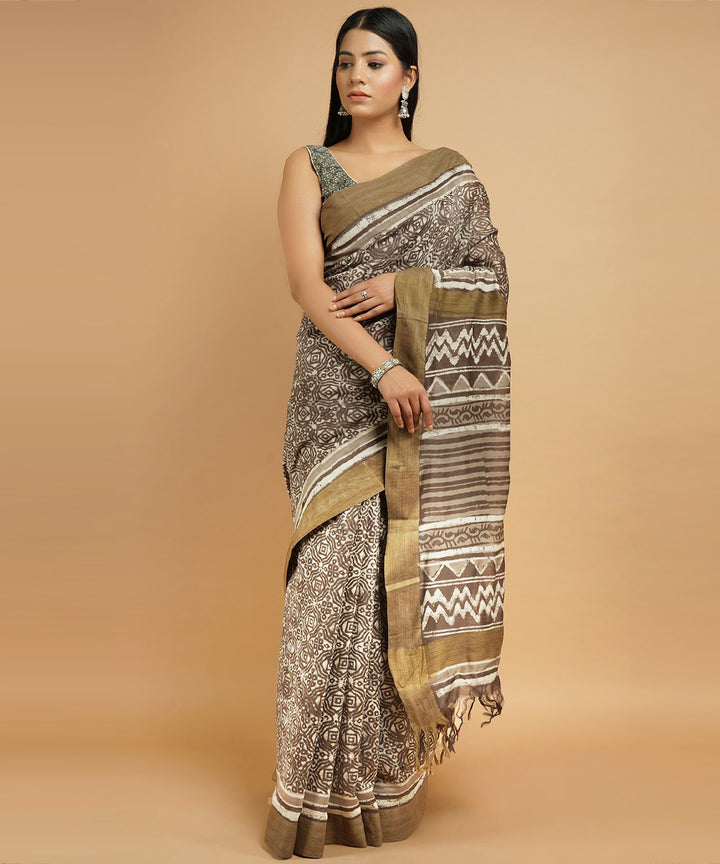 Grey gheecha border cotton silk hand block dabu print sari