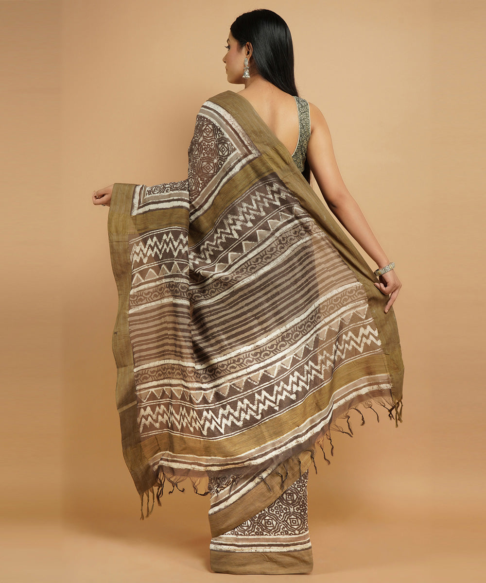 Grey gheecha border cotton silk hand block dabu print sari