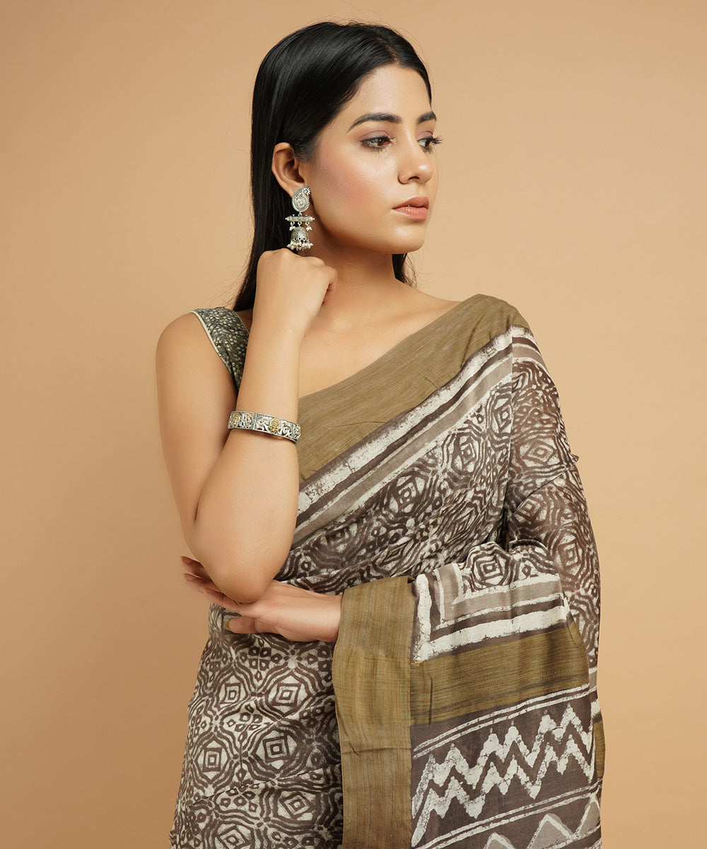Grey gheecha border cotton silk hand block dabu print sari