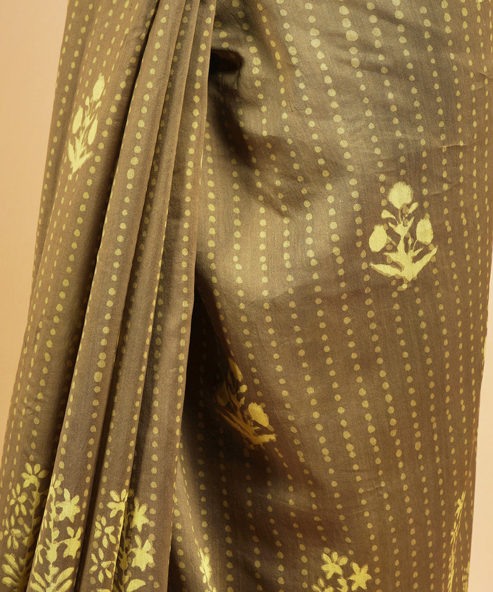 Olive green gheecha border cotton silk handblock dabu printed sari