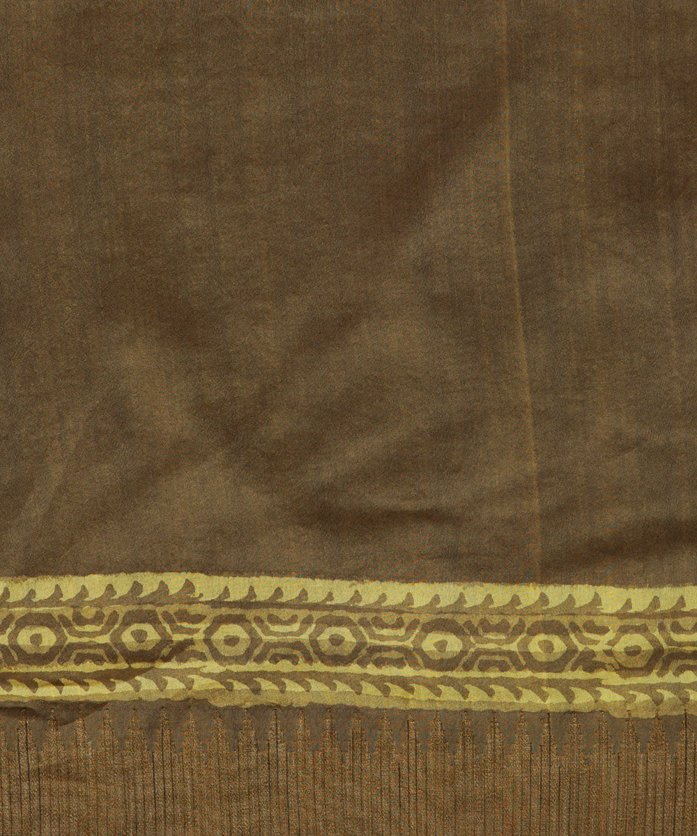 Olive green gheecha border cotton silk handblock dabu printed sari