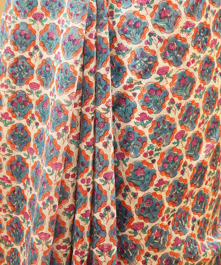 Multicolour gheecha border cotton silk handblock dabu print sari