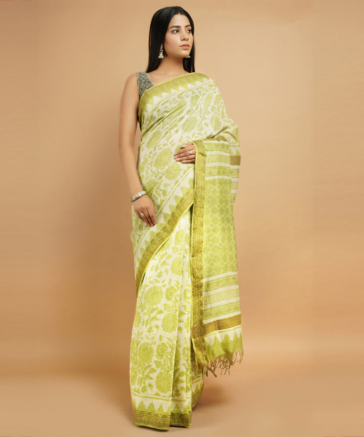 Lime green cotton silk handblock dabu print sari