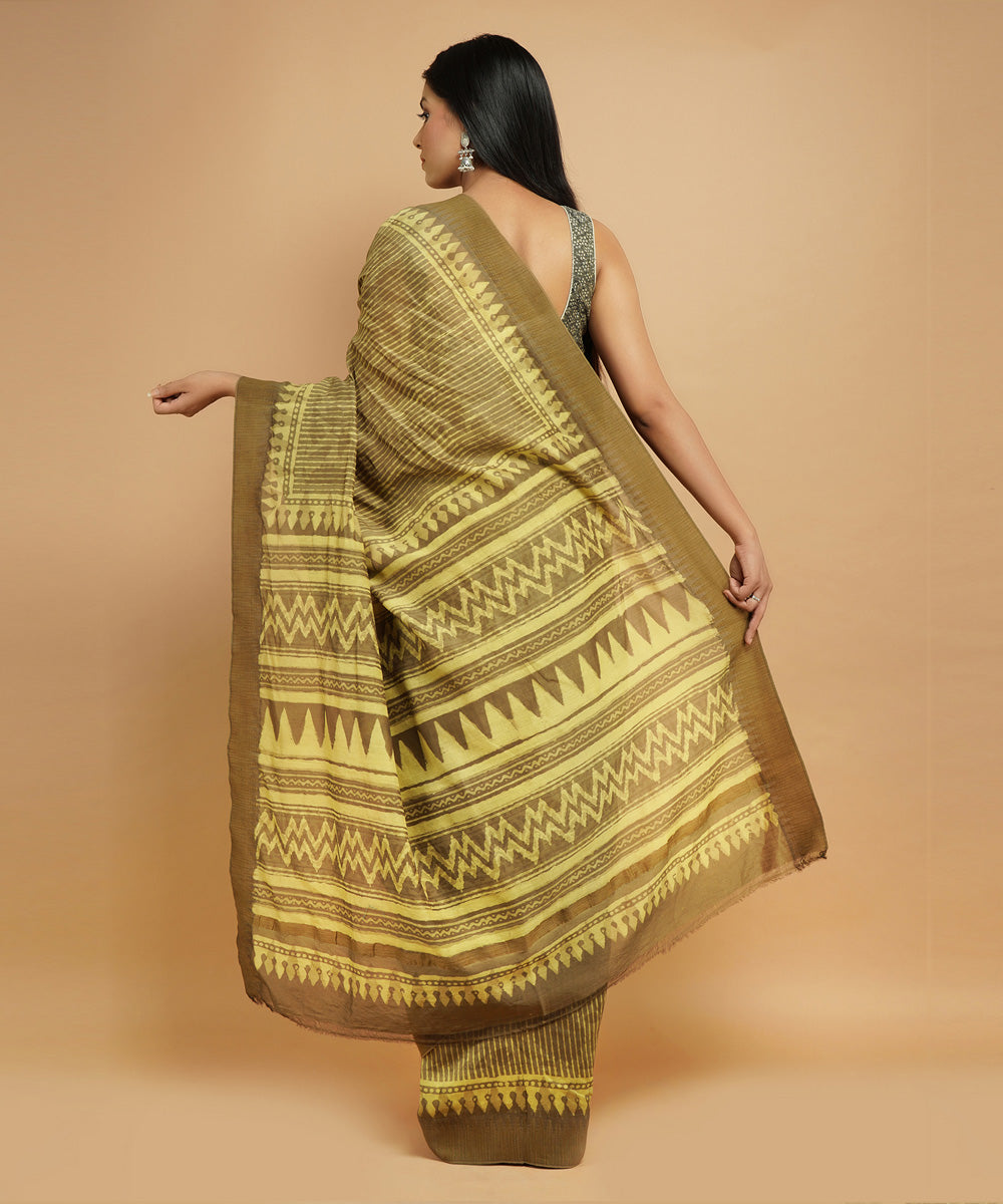 Olive green gheecha border cotton silk hand block dabu printed sari