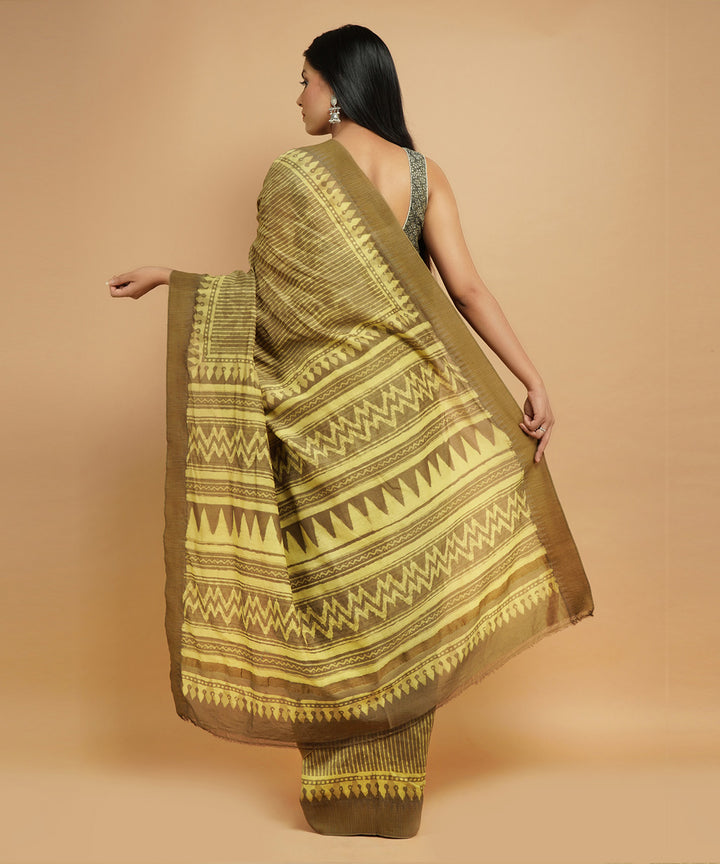 Olive green gheecha border cotton silk hand block dabu printed sari