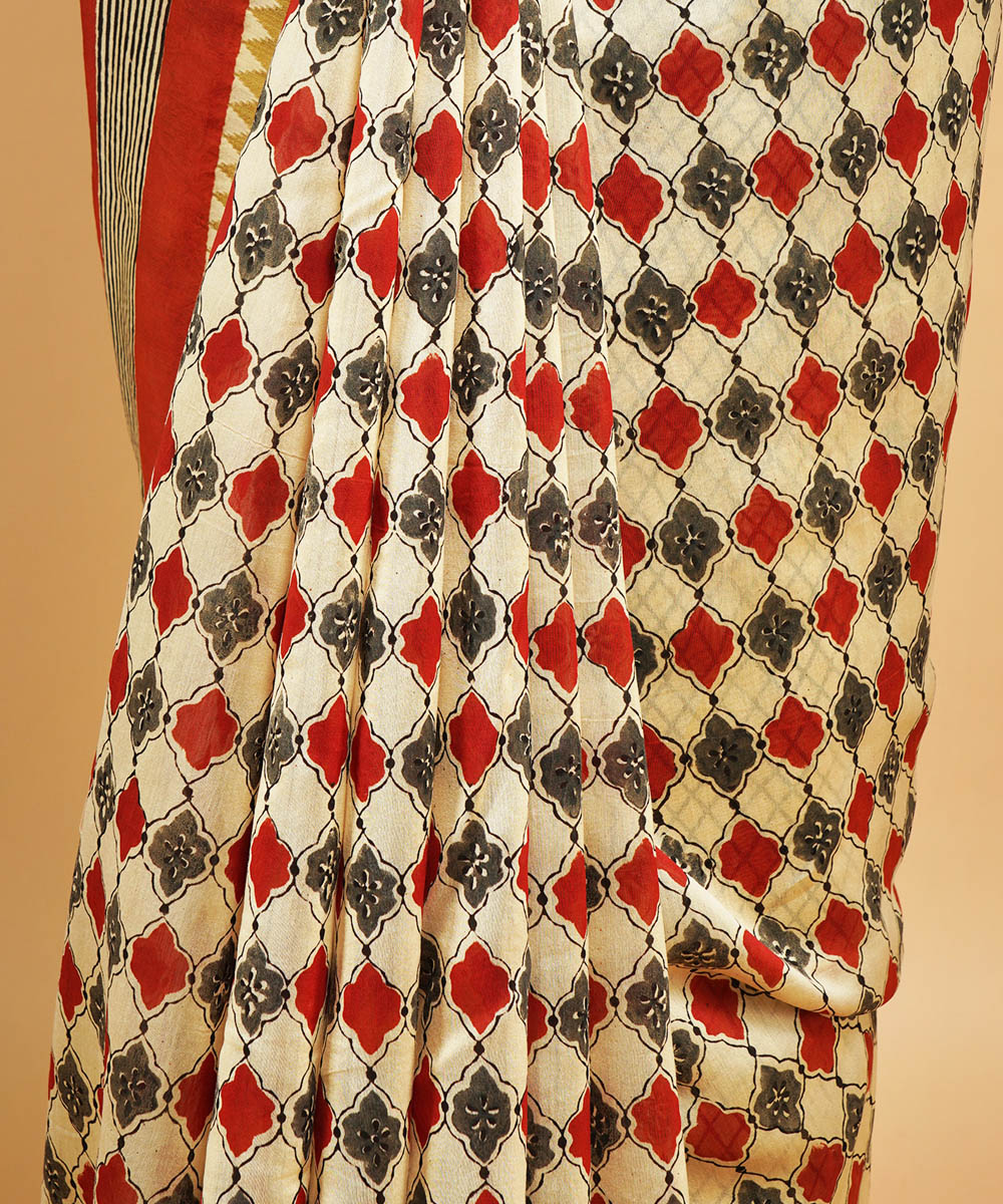 Multi colour gheecha border cotton silk handblock dabu print sari