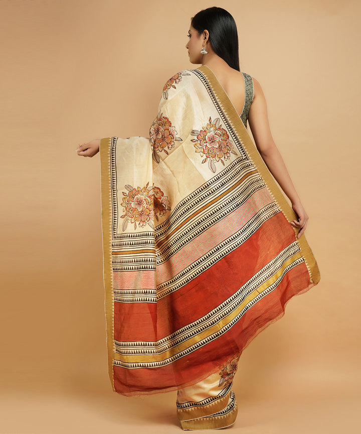 Cream gheecha border cotton silk hand block dabu print sari