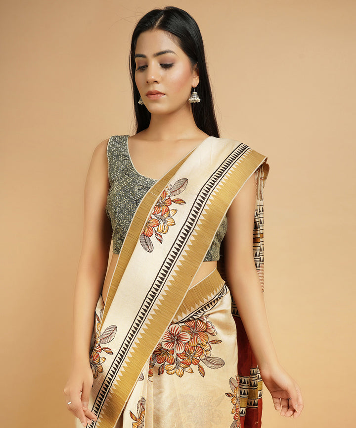 Cream gheecha border cotton silk hand block dabu print sari