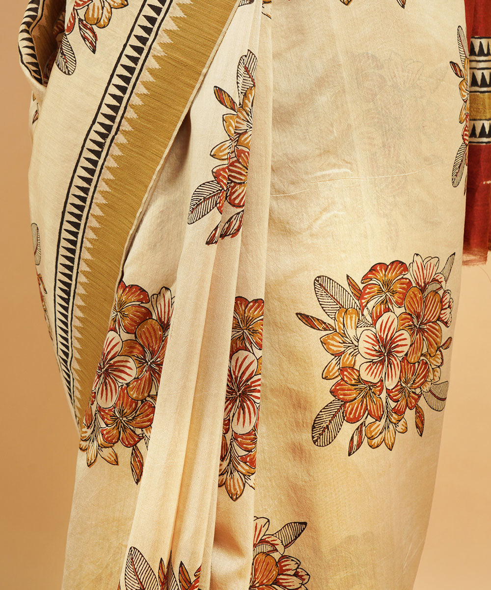 Cream gheecha border cotton silk hand block dabu print sari