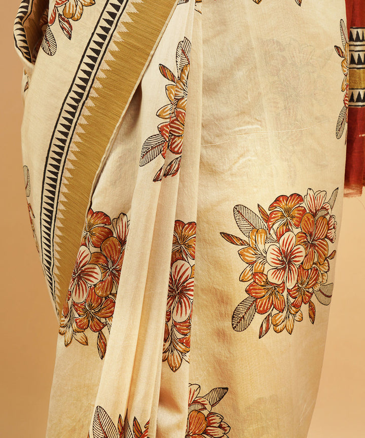 Cream gheecha border cotton silk hand block dabu print sari