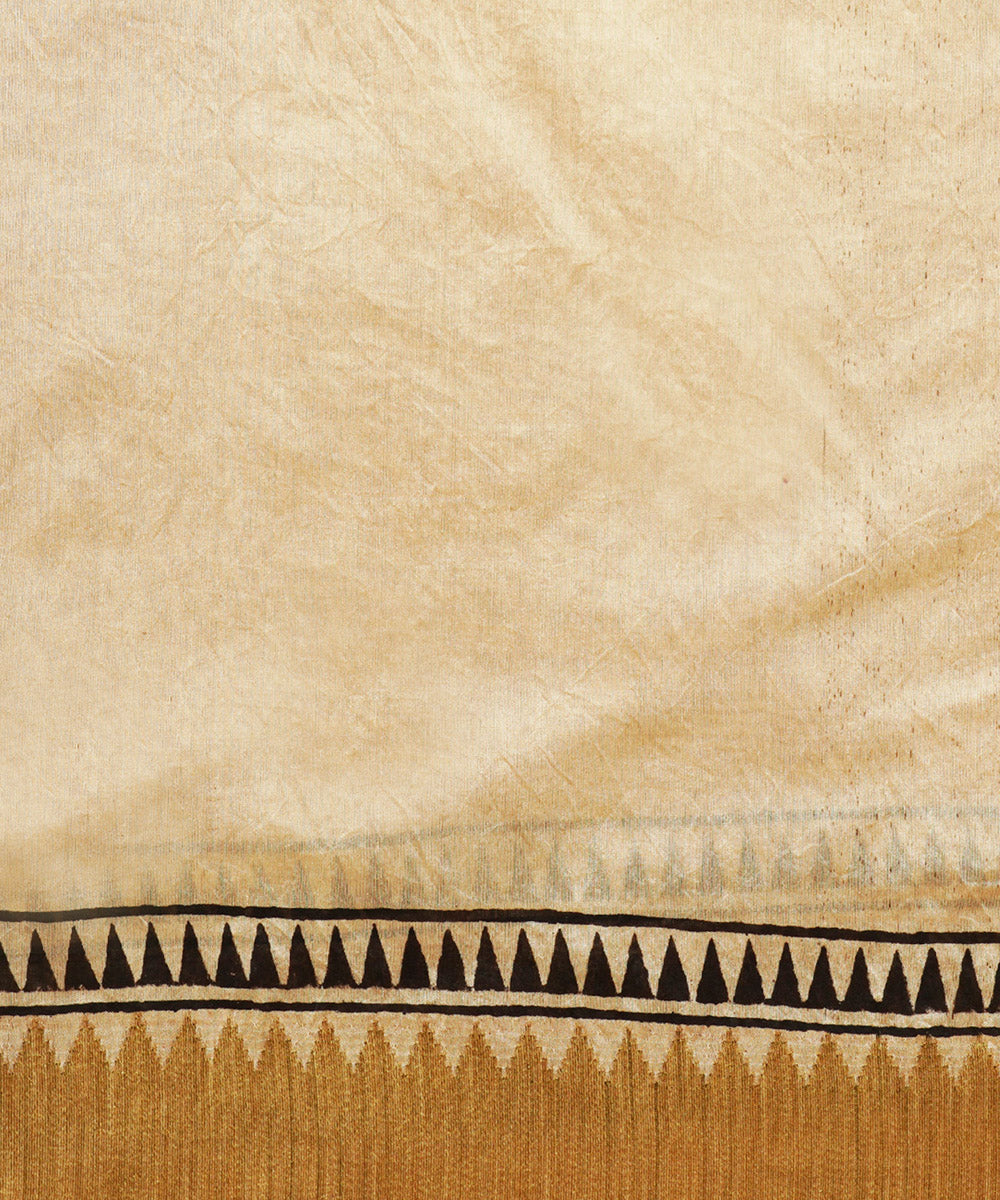 Cream gheecha border cotton silk hand block dabu print sari