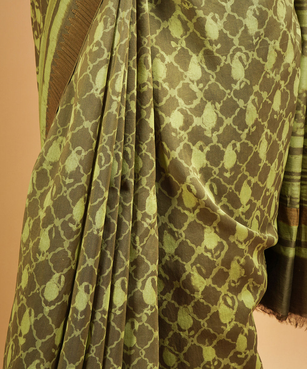 Olive green gheecha border cotton silk handblock dabu print sari