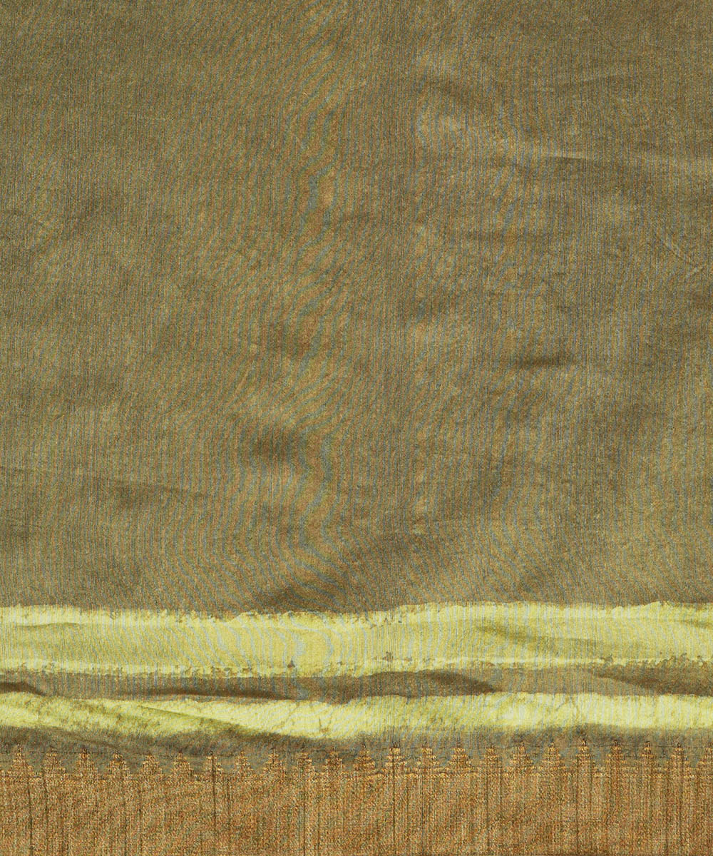 Olive green gheecha border cotton silk handblock dabu print sari