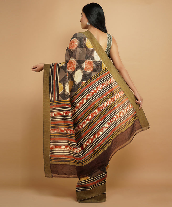 Multi colour gheecha border cotton silk hand block dabu print sari