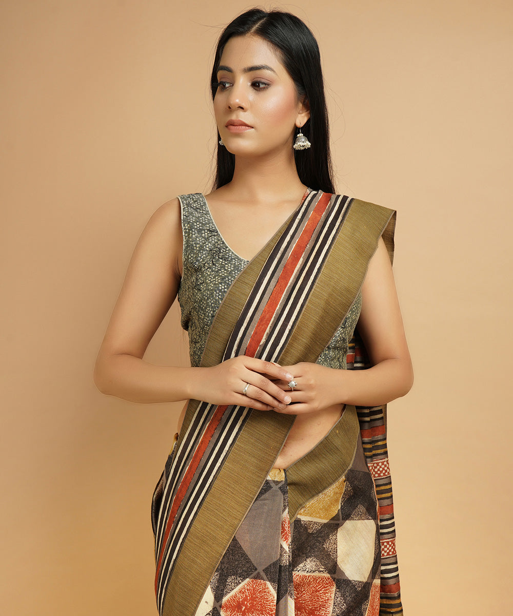 Multi colour gheecha border cotton silk hand block dabu print sari