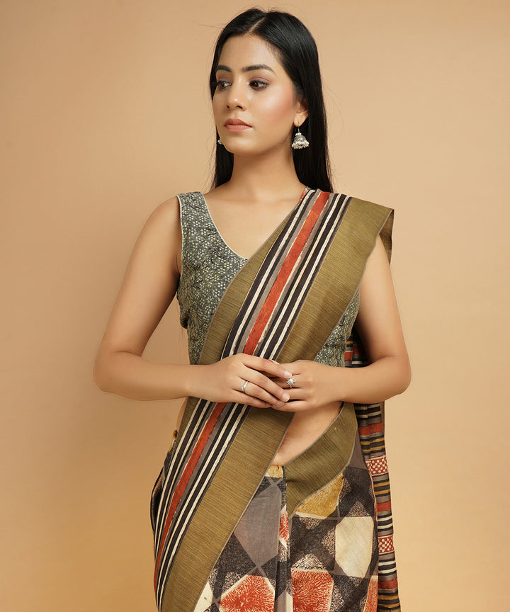 Multi colour gheecha border cotton silk hand block dabu print sari