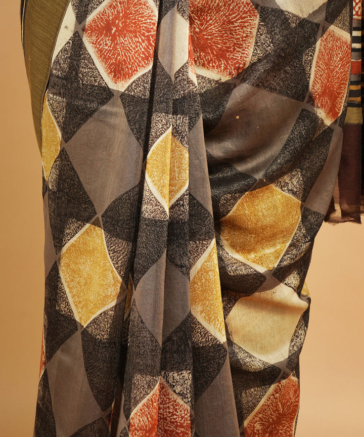 Multi colour gheecha border cotton silk hand block dabu print sari