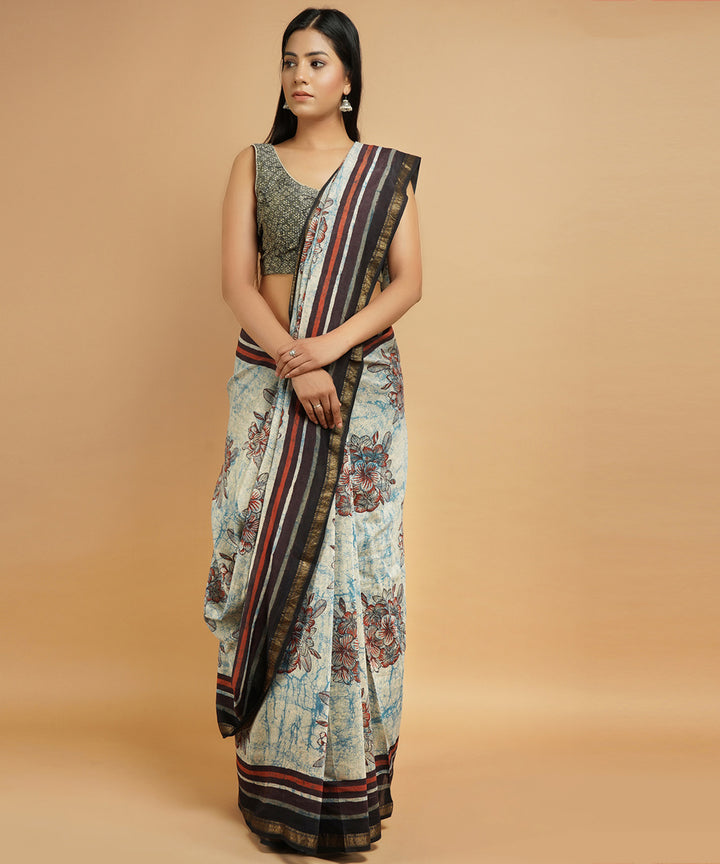 Multicolor cotton silk hand block dabu printed sari