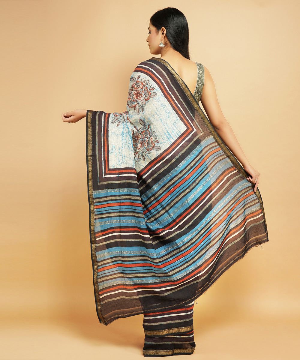 Multicolor cotton silk hand block dabu printed sari
