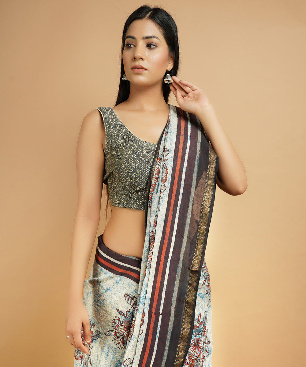 Multicolor cotton silk hand block dabu printed sari