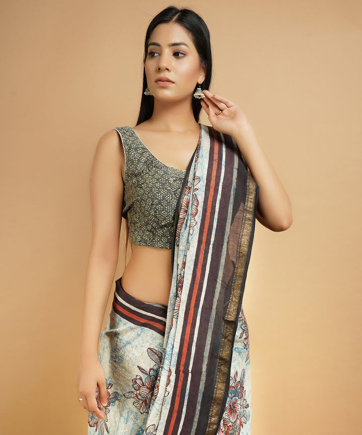 Multicolor cotton silk hand block dabu printed sari