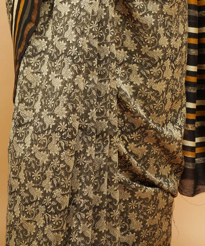 Grey and multicolor cotton silk handblock dabu print sari