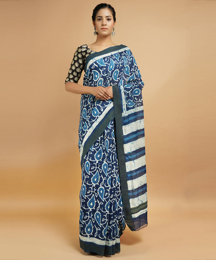 Indigo gheecha border cotton silk hand block dabu print sari
