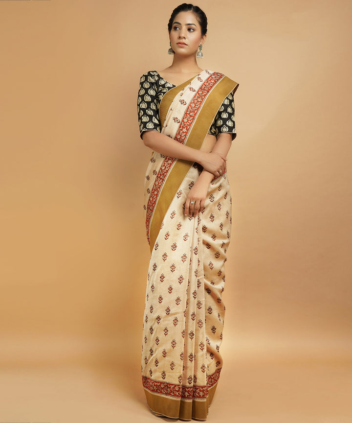 Cream gheecha border cotton silk hand block dabu printed sari