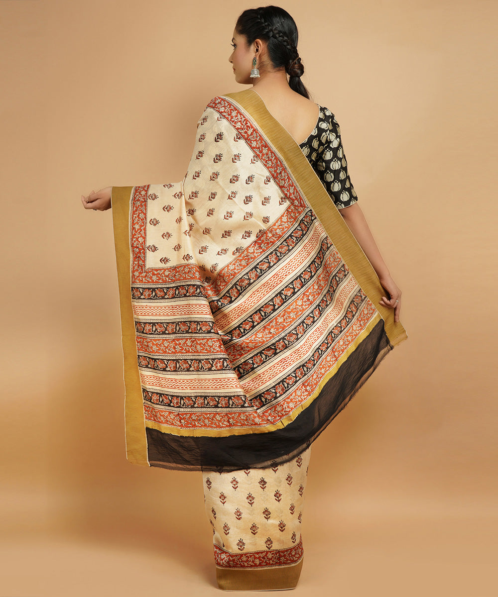 Cream gheecha border cotton silk hand block dabu printed sari