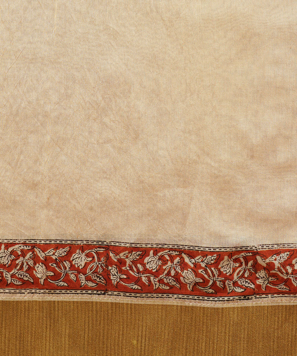 Cream gheecha border cotton silk hand block dabu printed sari