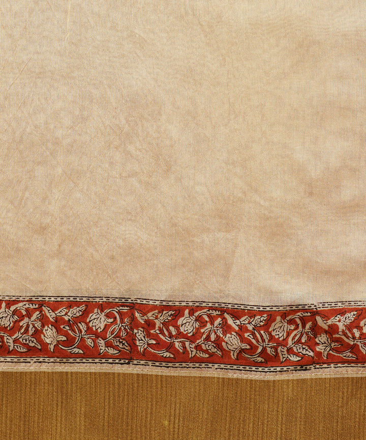 Cream gheecha border cotton silk hand block dabu printed sari