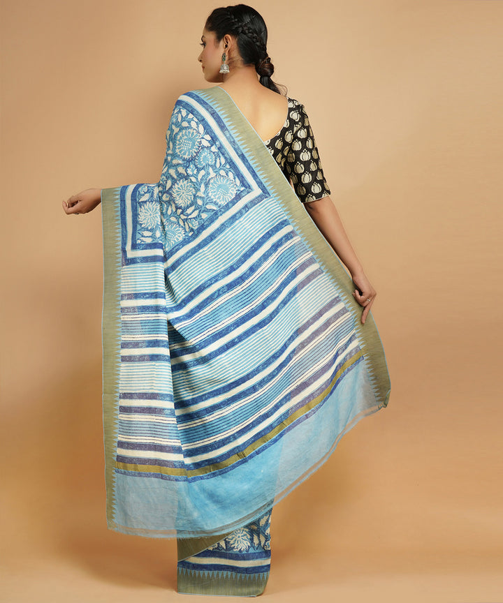 Indigo ghiccha border cotton silk handblock dabu print sari
