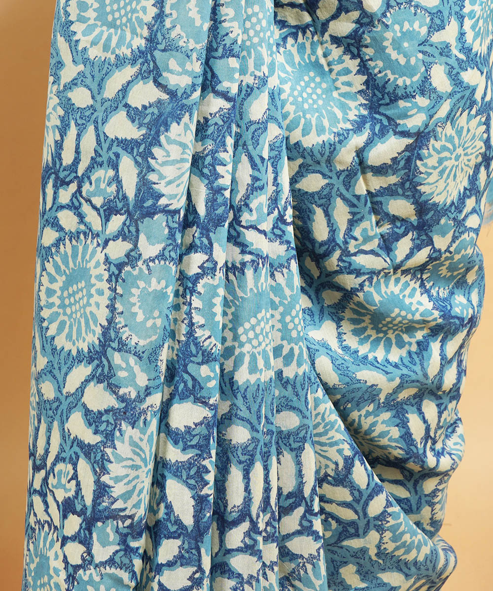 Indigo ghiccha border cotton silk handblock dabu print sari