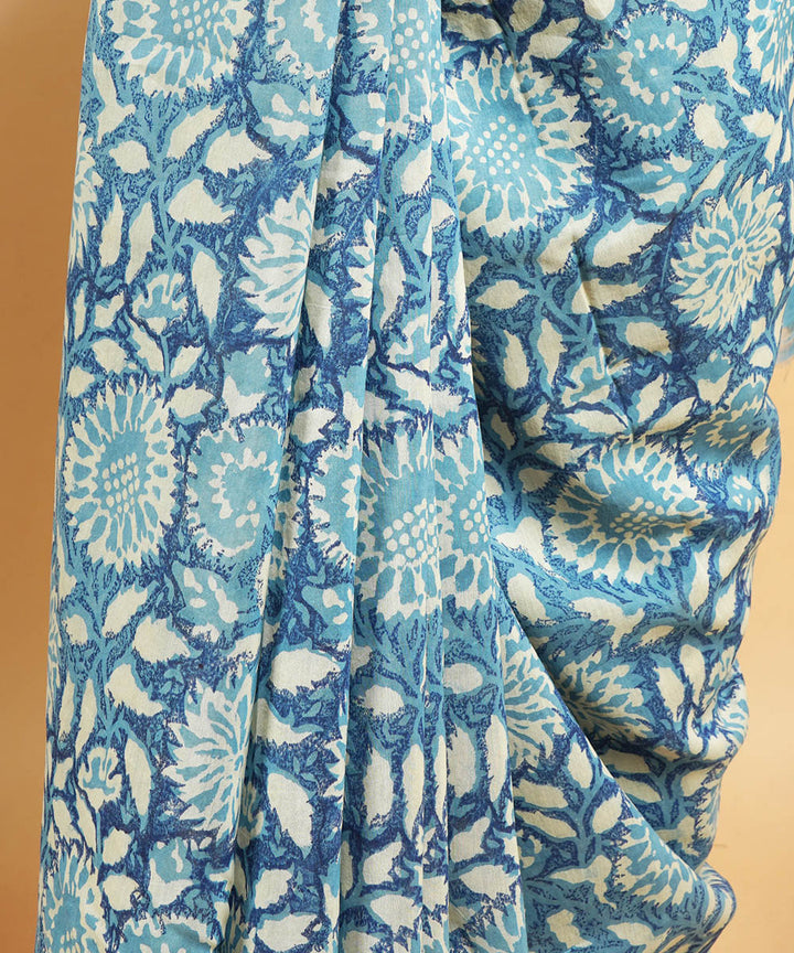 Indigo ghiccha border cotton silk handblock dabu print sari