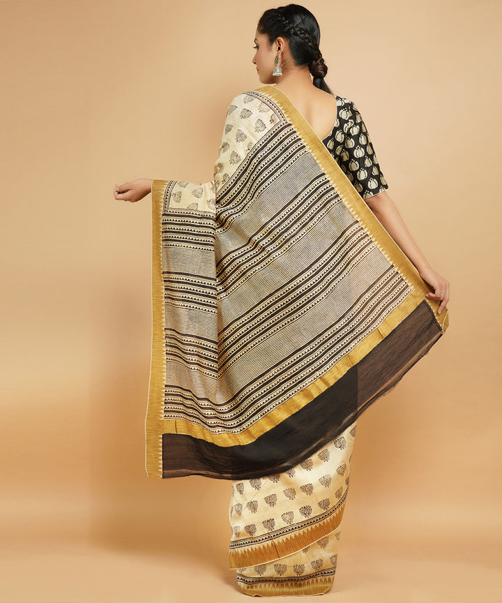 Cream ghiccha border cotton silk handblock dabu print sari