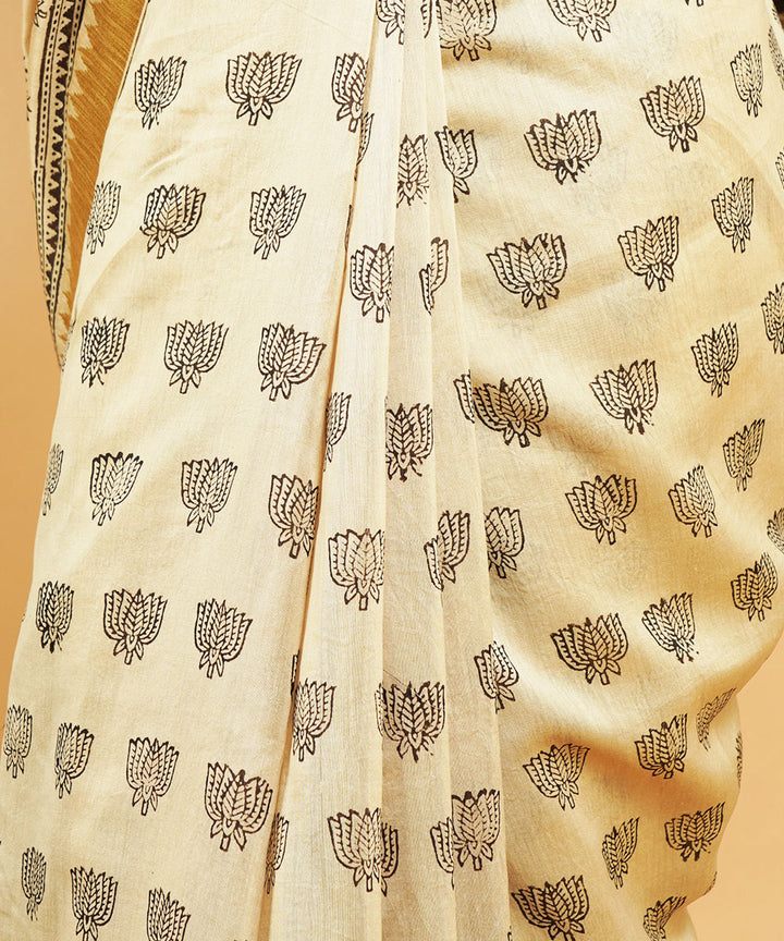 Cream ghiccha border cotton silk handblock dabu print sari