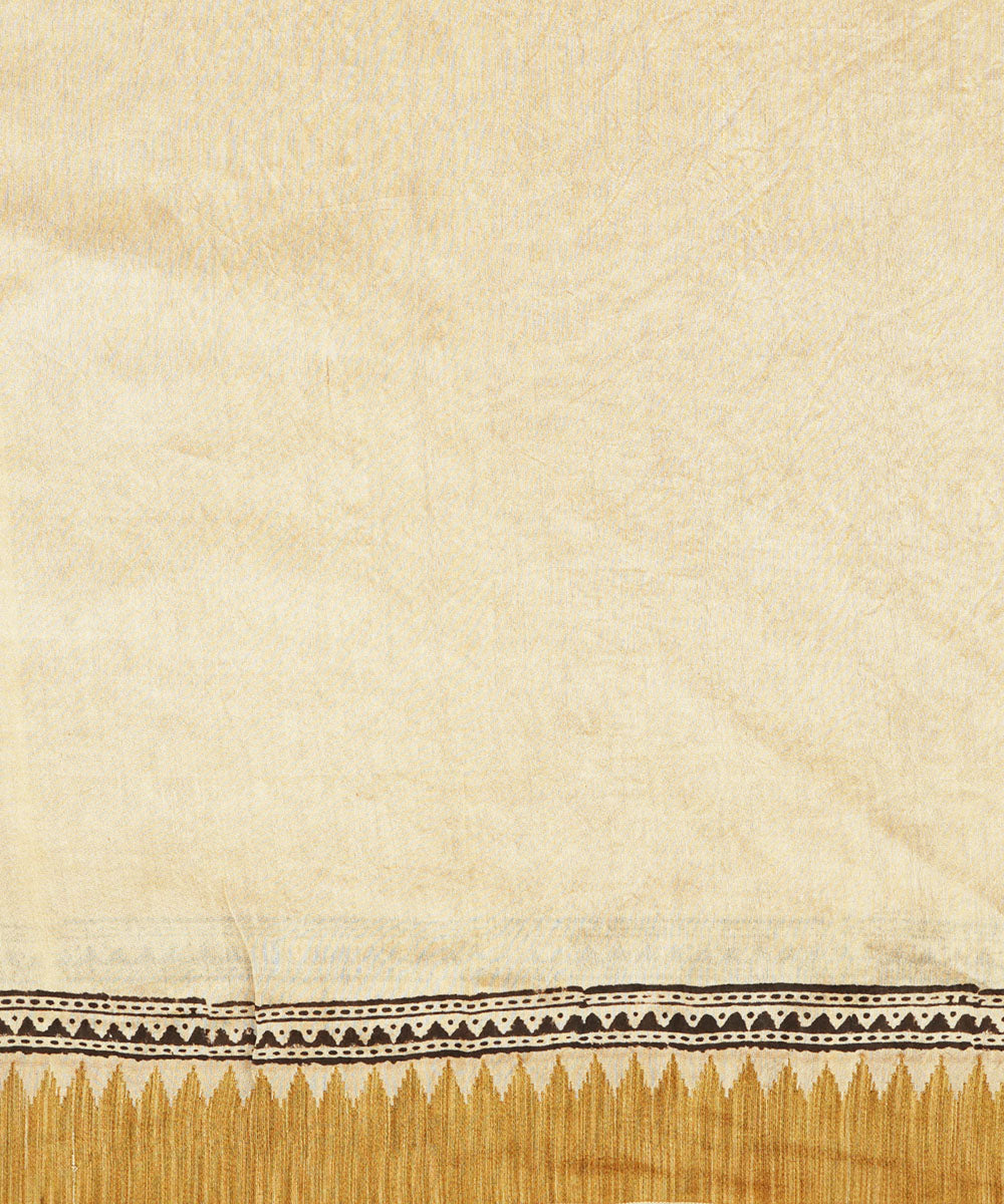 Cream ghiccha border cotton silk handblock dabu print sari
