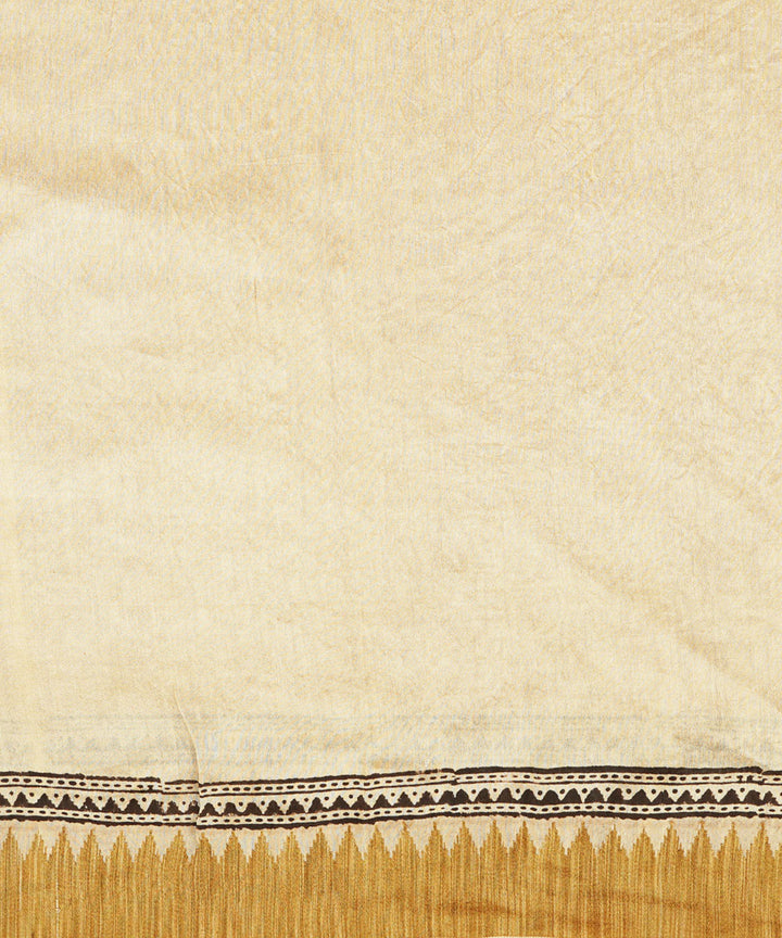 Cream ghiccha border cotton silk handblock dabu print sari