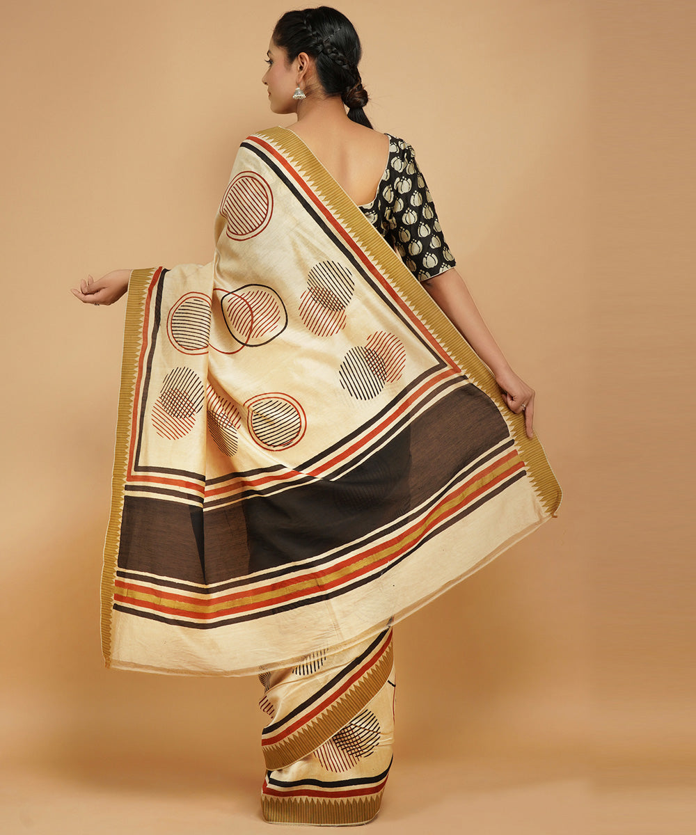 Cream gheecha border cotton silk handblock dabu print sari